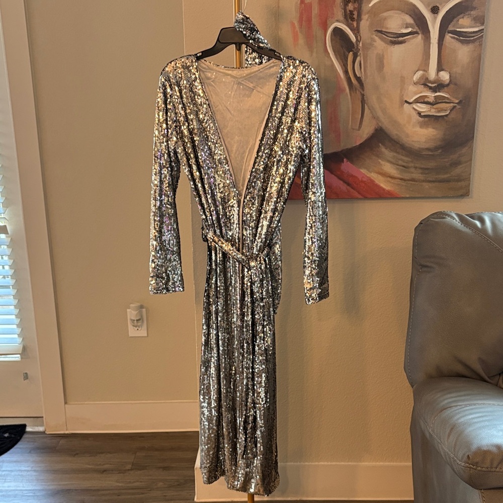 Silver Sequin Long Sleeve Wrap Maxi Dress - Picture 2 of 5